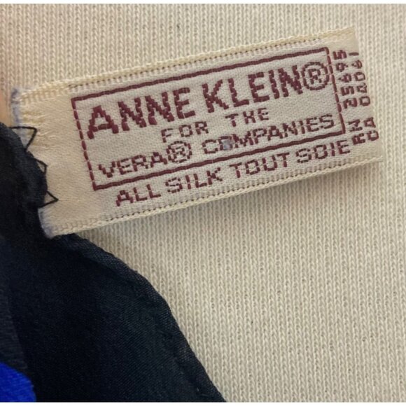 Vintage Anne Klein Silk Scarf Blue Black White Striped Rectangular Made In Japan - Picture 5 of 13